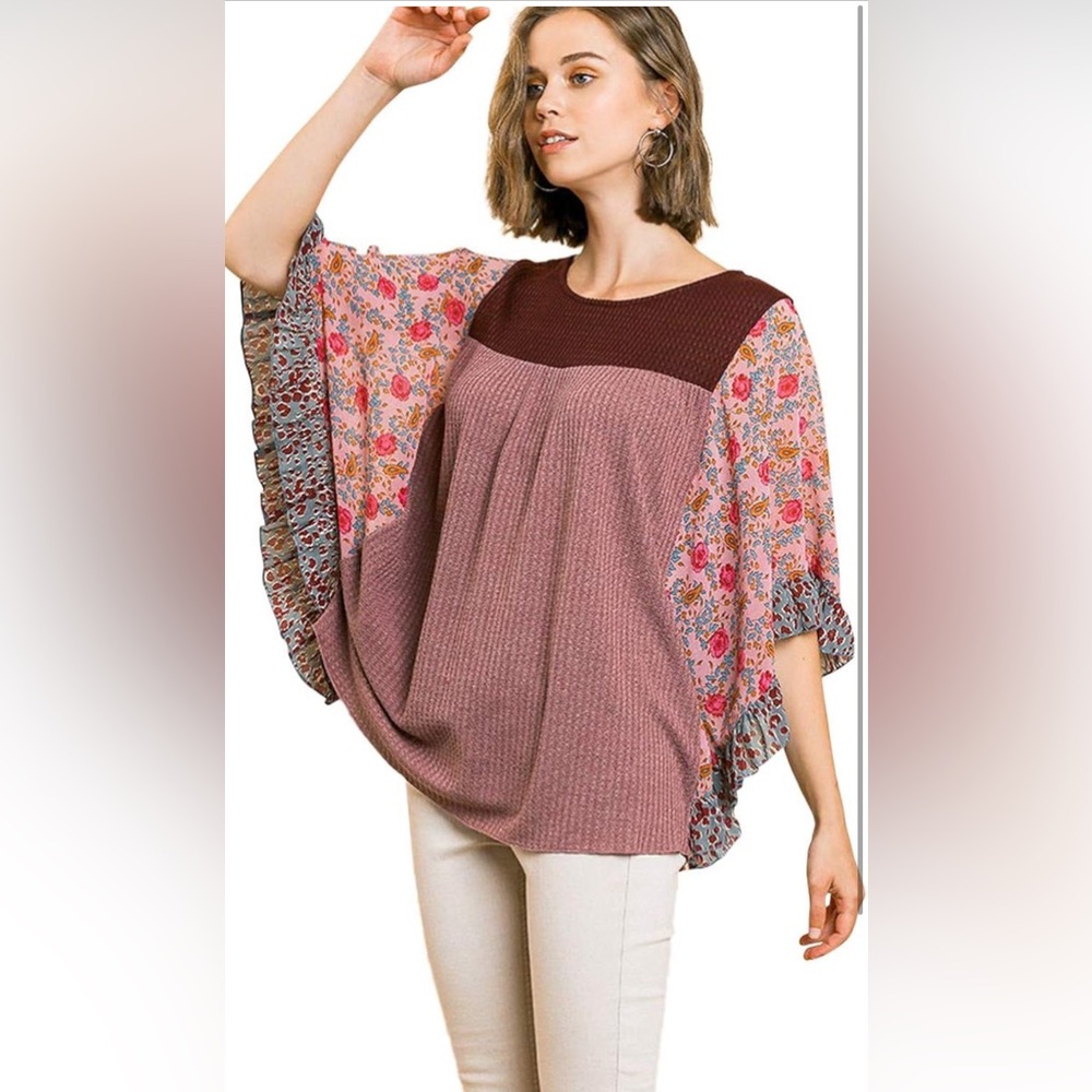 Umgee Women's Floral Mixed Print Waffle Knit Top small Mauve